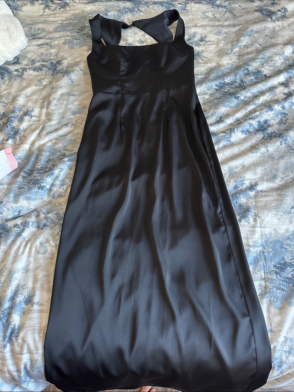 Azazie Flori Black Satin Maxi Dress with Twist Straps